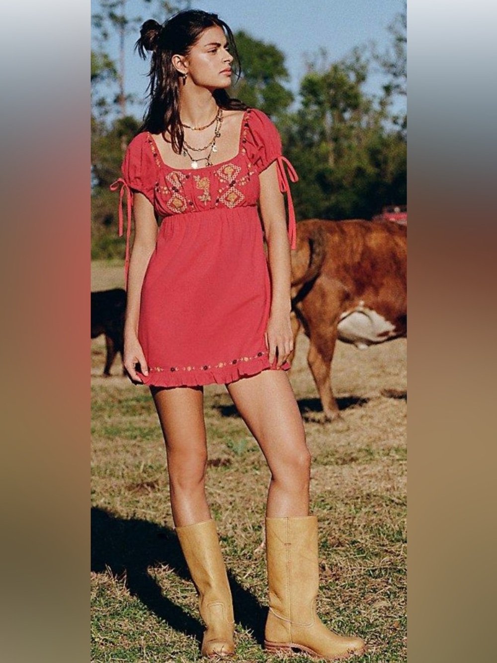 Urban Outfitters Boho Kimchi Blue Coral Red Embroidered Mini Dress Festival - Picture 2 of 7